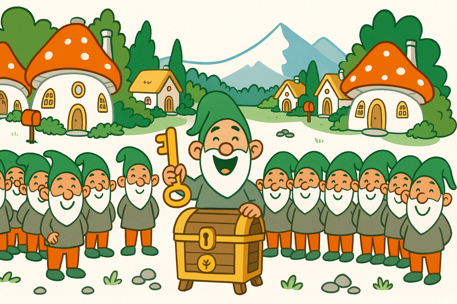 A happy gnome
holding the key to the treasure chest.