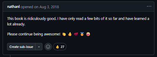 Issue 113: This book
is ridiculously good. I have only read a few bits of it so far and have
learned a lot already. Please continue being awesome!